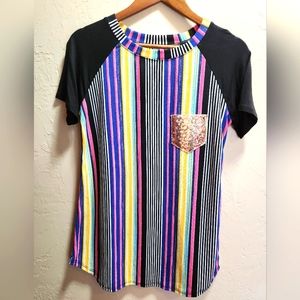 Women's Multi Color Stripe Top with Gold Sequin Pocket size Large